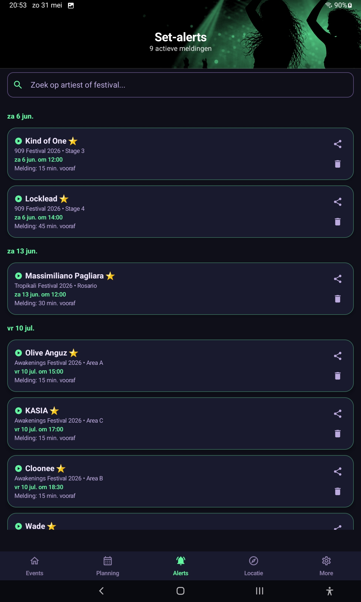 PartyFix Set-alerts scherm